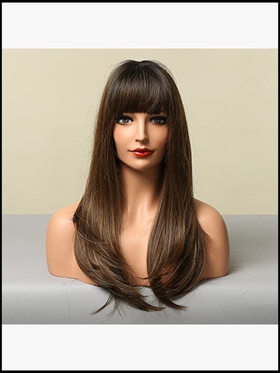 Long Straight Layered Wig with Bangs Heat Resistant Fiber Daily Natural Looking main image 5